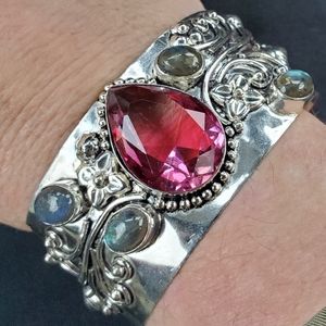 New Rubellite and Labradorite 925 Silver Cuff Bracelet.
